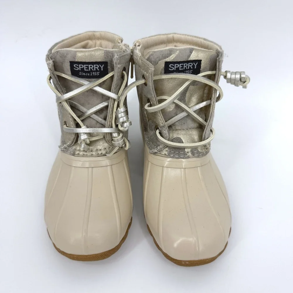 Sperry Girl's Saltwater Duck Cream Camo Boots Shoes Sz 10